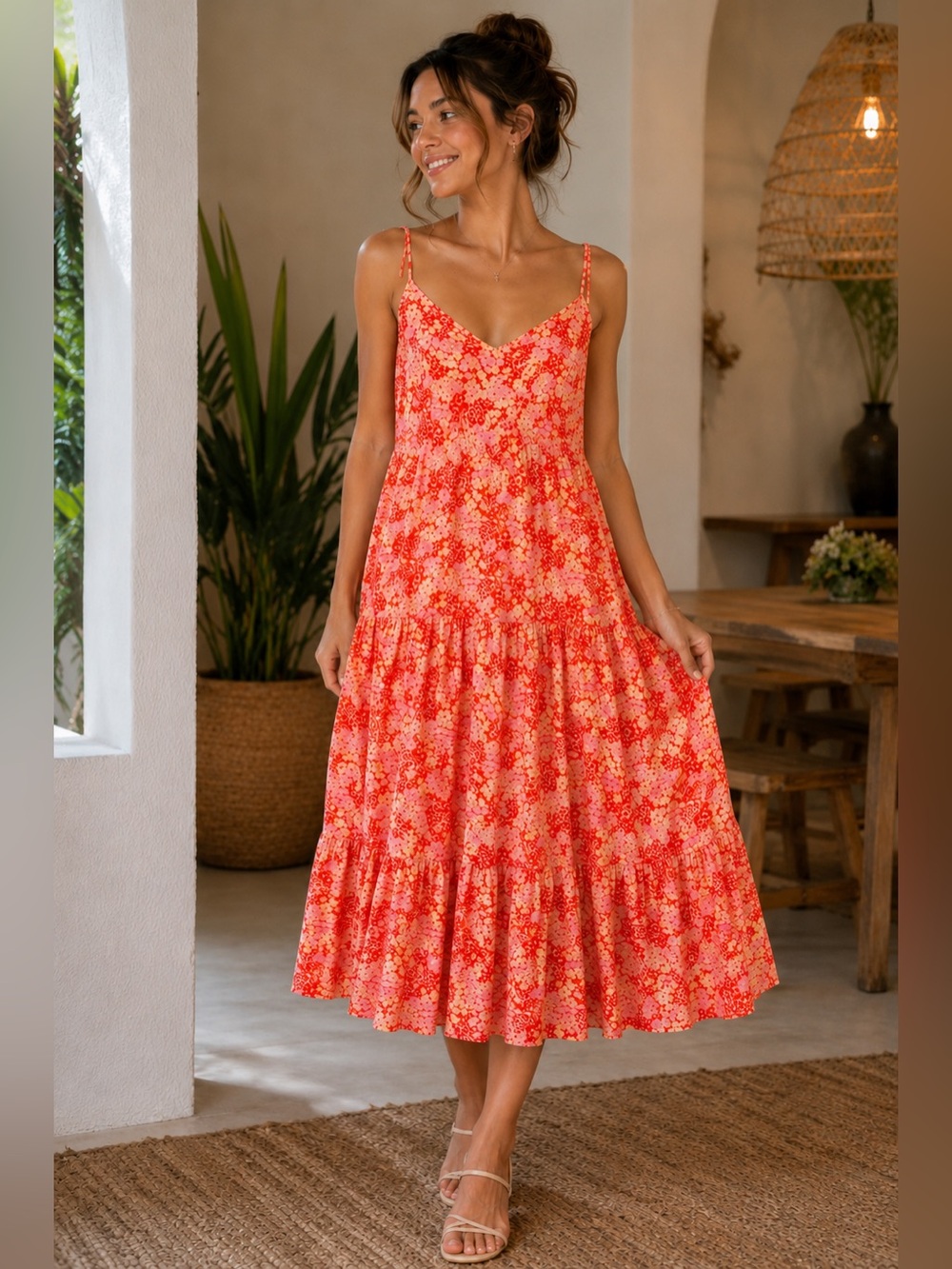 Floral Spaghetti-Strap Midi Dress in Coral Pink